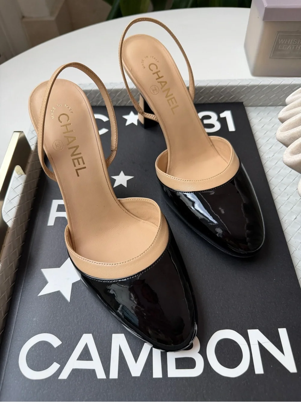 CHANEL SS 26 BLACK BEIGE 2 TONE LEATHER PATENT HEELS SLINGBACKS PUMPS SHOES 38